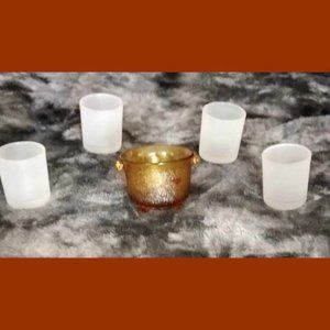 Orange Tinted Glass Cauldron with 4 White Frosted Votive Candle Holders